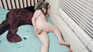 Chubby trans woman squirming with a 9" vibrator