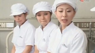 Asian nurses slurping cum out of loaded shafts in group