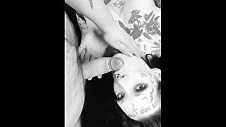 Tattooed ts gives blowjob