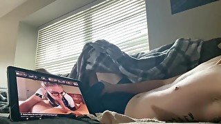 Watching porn in the living room while everyone upstairs huge cum in shorts WATCH END