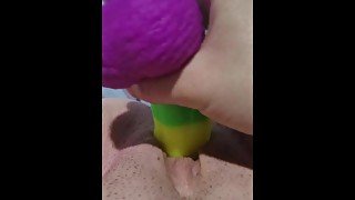 Trying my new colorful suction dildo part 3