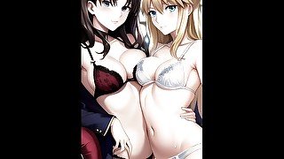 Rin & Saber tease you and stare at you until you come - Pmv Hentai