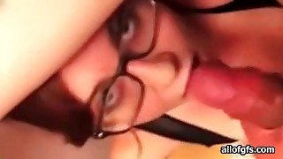 Sexy GF in glasses takes his facial cumshot