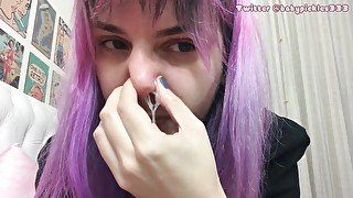 sick girl sneezes and puts snot, phlegm and spit on her pussy JOI