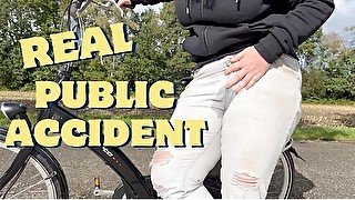 Real public desperate wetting accident in pants outside cycling