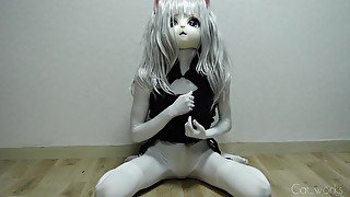 Crossdressed White Cat Cums In A Chinese Dress