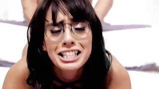 Nerdy brunette fucked in pussy on the fluffy carpet