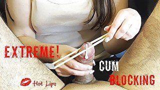 Extreme cum blocking, ruined orgasm and intense post orgasm handjob for hard dick with tied balls