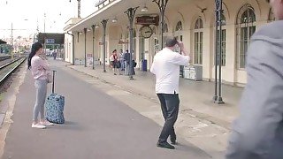 HUNT4K. Man watches how his lassie sucks strangers dick for cash