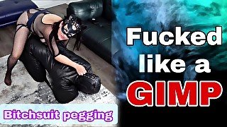 Femdom Bitchsuit Pegging Leather Bondage Huge Strap On Dildo BDSM Amateur Real Couple Milf Stepmom