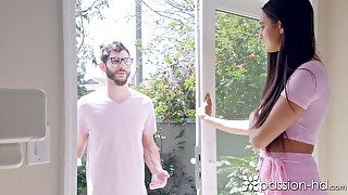 Charming brunette Eliza Ibarra fucks her neighbor because of interrupted masturbation