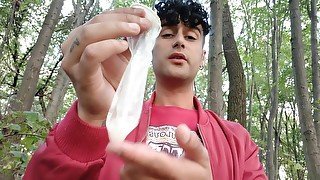 Playing with cruiser's used condom in mouth and eating his cum after cruising