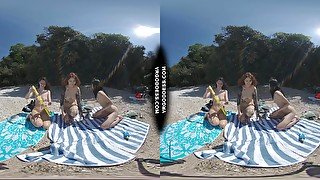 3 Babes Naked On Vacation Beach Picnic Playing Frisbee Searching For Shells And Bubbles