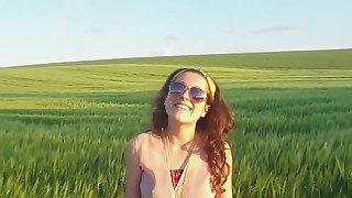 Dark Haired Woman Goes Barefoot In The Wheat Field And Sucks Her Own Toes