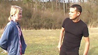 Outdoor pussy poking in the local woods with cum in mouth for Katerina