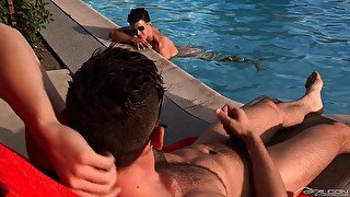 Gay dude masturbates by the pool and gets fucked hard after