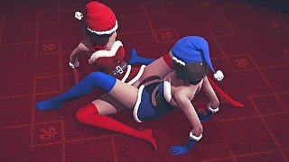 Girls in Christmas costumes rub their pussies and cum