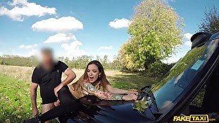 Tattoed Emo girl get fucked by fake taxi driver on the oppen air