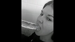 Sexy dildo blowjob in the shower