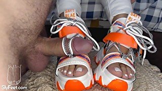 Platform sport sandals footjob and a big load of cum for them