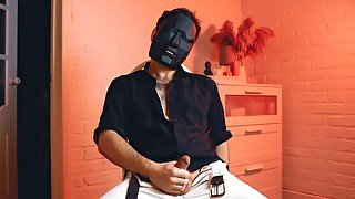 Masked handsome man Noel Dero watches kinky porn and jerks off. Loud moans and orgasm of a young guy