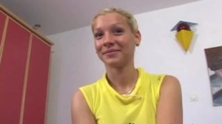 Lovely yellow-haired young whore Vivienne is playing with her pussy