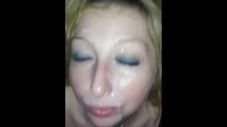 Blonde milf takes cum all over her face *cumshot only*