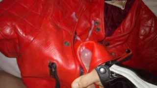 Red leather jacket masturbate and cum