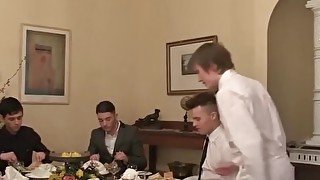 Twink waiter sucks and rides dick after the dinner service