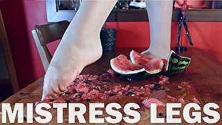 Crushing watermelon with nylon feet