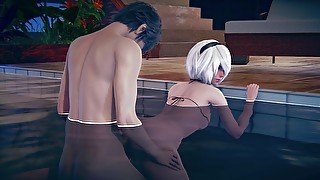 2B gets fucked doggystyle in the pool