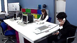 Kinky Asian girl Masakazu Osino gets fucked in the office by 2 guys