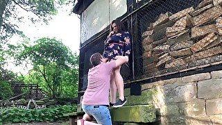 Chubby girlfriend and her boyfriend having a lot of fun outdoors in public park