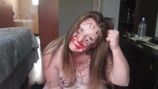 Big fat worthless pig degrading herself | body writing | hair pulling | self slapping