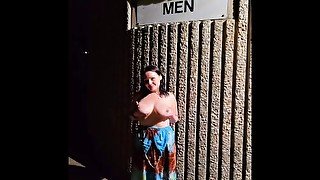 Milf with Big tits gives BJ in public bathroom - RosyBody