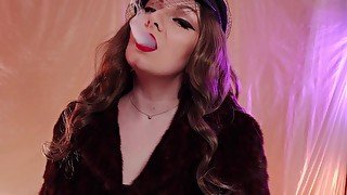 ASMR fur coat fetish, vaping smoking with short leather gloves (Arya Grander)