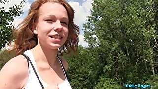 Cute redhead girl Rebeca takes money to be fucked in the woods