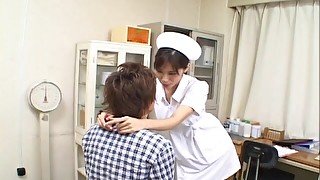 Lovely nurse Riko Tachibana gets talked into sucking on a cock