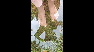 Wet and Sensual Foot fetish Outdoor by naughty pissy Stepsister