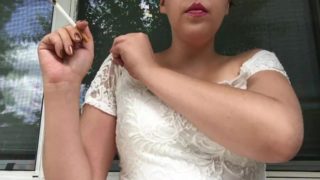 Hot Sexy Teen with Big Tits Smoking Cork Tip 100 in Tight White Lace Dress