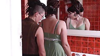 Hairy lezzies fucking in the restroom with intensity