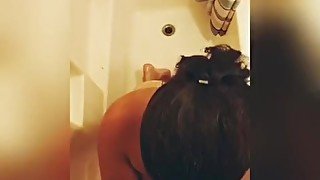 Big tit Latina showers then sucks boyfriends dick