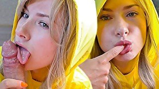 Girl in a Raincoat Passionate Sucking Big Cock until Cum Mouth - Homemade