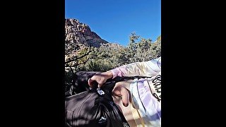 Outdoor Nut. RED rock, White COCK. Solo Male masturbation. Outside.