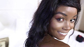 Playful petite black teen takes white cock on casting