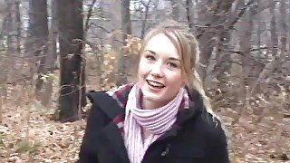 Skinny small tits teen flashes in the woods