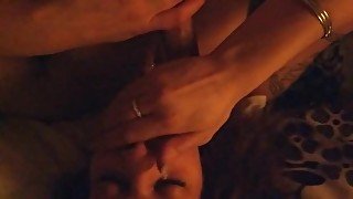 Beautiful girl sucks cock and makes him cum all over her tits