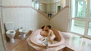 Lusty slender chick of my buddy got fucked right in the bath tub