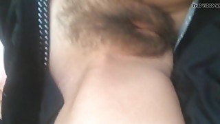 Shooting a load on her hairy pussy before she goes to work