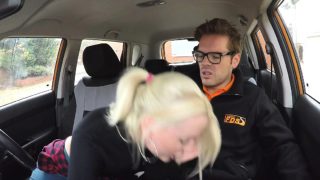 Nasty blonde fucks instructor in his car